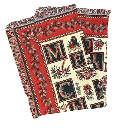 Christmas Tapestry Throw Blanket Goodwin Weavers 70x47 Fringe Red Green USA Made - Picture 15 of 16